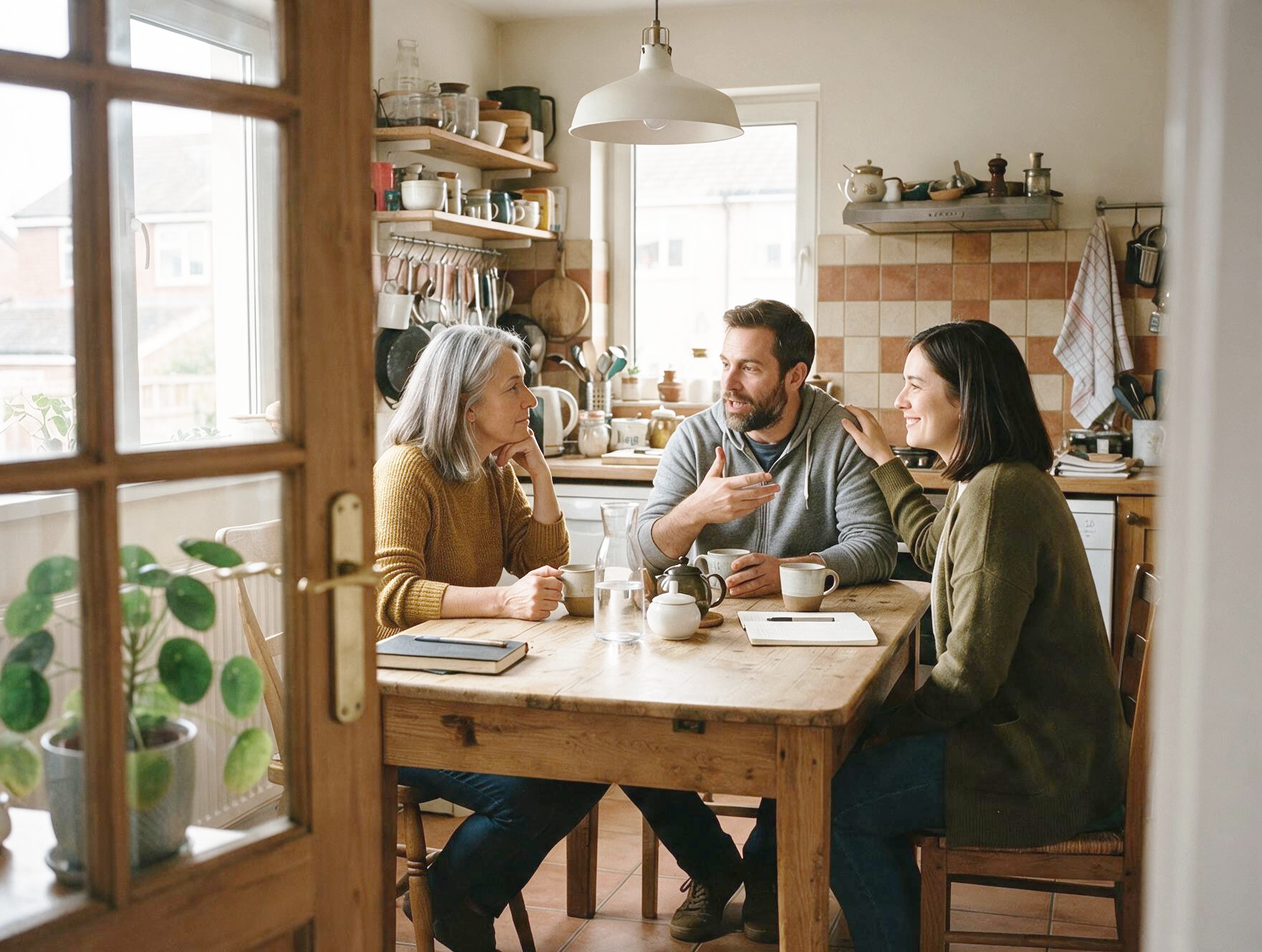 Familia conversando en la cocina