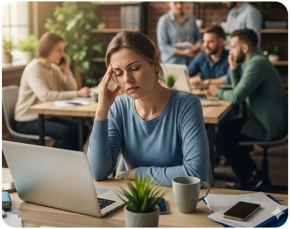 Mujer joven se toca la sien, mientras mantiene los ojos cerrados, mostrando que tiene migraña. Viste un jersey azul y está sentada frente a un portátil, mientras sus compañeros mantienen una reunión de trabajo detrás de ella.